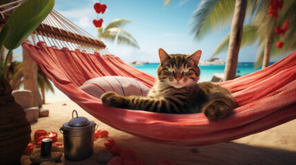 a cat with green eyes lies on the beach on a hammock, looks relaxed into the frame - Powered by Adobe