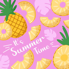 Abstract fun pineapple background with text it's summer time. Sweet juicy tropical fruit. Summer vitamin vector square illustration for banner, poster, flyer, banner, social media, post