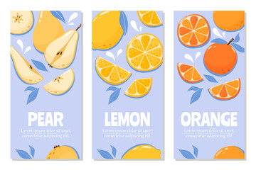 Set of season fruit flyers. Orange, lemon, pear with space for text. Summer vector illustration in cartoon flat style. For banner, poster, stories, cover