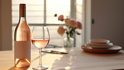 Bottle of wine and glasses on table in kitchen, closeup - obrazy, fototapety, plakaty