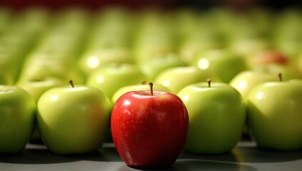 Green and red apples on the table in a row with one red apple