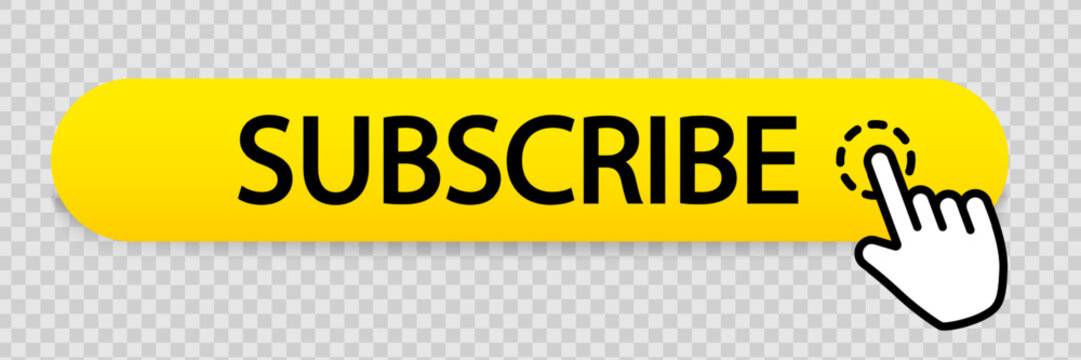 Yellow subscribe button on transparent background illustration. Pointer, click, mouse, social networks. Vector icons for business and advertising