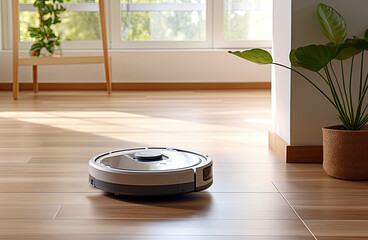 Robotic vacuum cleaner cleaning a wooden floor in modern light living room.