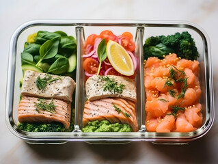 Meal prep containers with salmon, broccoli, carrots, and avocado slices for a healthy lunch option