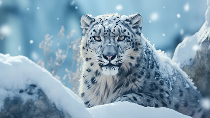 Snowy Winter Scene with a White Leopard Staring at Its Prey Photo