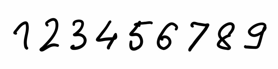 Doodle black digits numbers font from 0 to 9 font set. Vector illustration in doodle hand drawn style isolated on white background. For logo, menu, font.