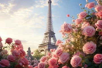  view from below of the Eiffel Tower in Paris, among many rose flowers, dawn © yanapopovaiv