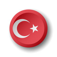 Turkey flag - 3D circle button with dropped shadow. Vector icon.