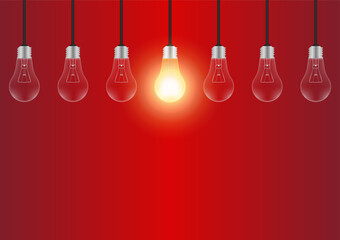 Light Bulbs with Glowing Lamps on Red Background. Decorative Light Bulbs for Christmas Background. Vector Illustration. 