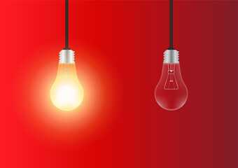 Light Bulbs with Glowing Lamps on Red Background. Decorative Light Bulbs for Christmas Background. Vector Illustration. 