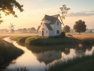 Fototapeta premium Old windmill on the bank of a canal at sunrise, Holland
