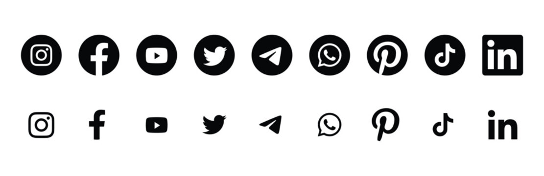 Popular Social Media Logo Icon . Instagram, Facebook, Youtube, Twitter, Telegram, Whatsapp, Pinterest, Tiktok,linkedin. Realistic Editorial Social Media.