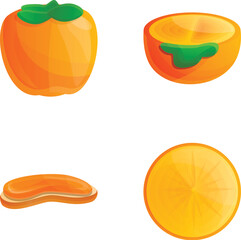 Persimmon jam icons set cartoon vector. Delicious toast with jam and ripe fruit. Healthy nutrition