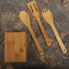 Wooden Bamboo Utensil Holder, bamboo kitchen utensils, Bamboo Utensil Holder, Garden Salad, Bamboo Salad Set, close-up and concept shot. e-commerce photos, free space for writing,