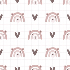 Cute hand drawn rainbow bear on a white grid background with kawaii brown heart, kids animals cartoon seamless pattern for wrapping paper, fabric , wallpaper, print design and textile