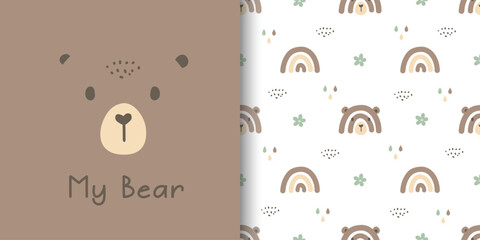 Set of seamless patterns with cute bear and rainbow bear. Cartoon animal background. Designs for fabric, textiles, wrapping, print design and wallpaper. Vector illustration - obrazy, fototapety, plakaty