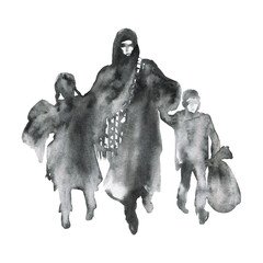 Painting family, woman, girl and boy. Refugees concept. Watercolor silhouettes of mother and children. Hand drawn illustration isolated on white background - 696391721