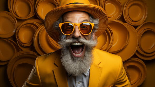 A man wearing a yellow hat and glasses. Funny expression. Large mouth, exaggerated features. Beard and mustache. Laughing like a crazy man. Eccentric.
