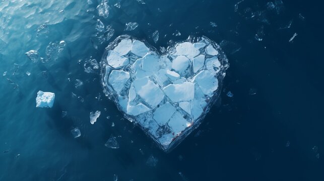 The background of the sea or ocean with a view from above and a cold frozen heart of ice floes.