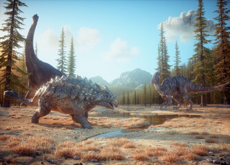Ankylosaurus, brachiosaurus and parasaurolophus in nature.