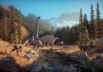 Ankylosaurus, brachiosaurus and velociraptor in nature.