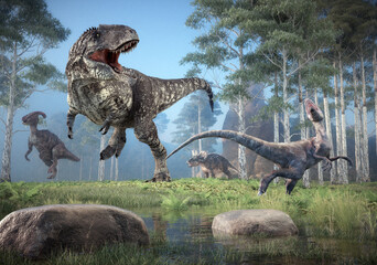 Giganotosaurus and velociraptor in nature.