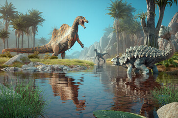 Spinosaurus and ankylosaurus in nature. © Orlando Florin Rosu