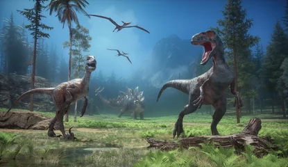Afwasbaar Fotobehang Dinosaurus Velociraptor and stegosaurus