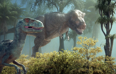 Tyrannosaurus and velociraptor in nature.