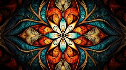 A colorful stained glass window with a orange and blue mandala abstract background