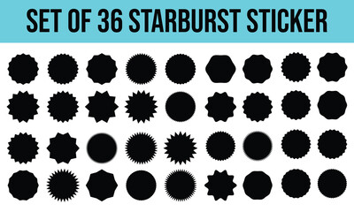 Star burst stickers. Used in Discount promo stamps. Circle, round splash badges. Black tag product labels. Set starburst shapes isolated on white background. Flat illustration. - obrazy, fototapety, plakaty