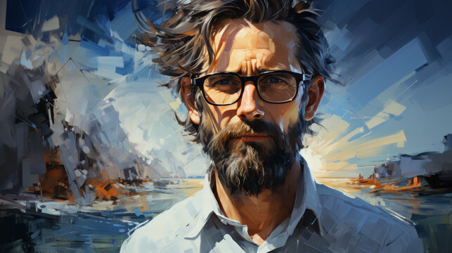 A painting of a handsome older man with tousled hair and a beard. Approachable man.  Blue tones. Wearing glasses.

