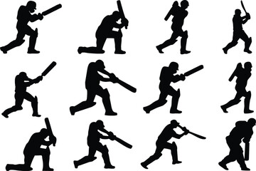 Set of cricket players batting silhouettes, batsman in editable vector. Designing cricket tournament, world cup, Asia cup icons. Poster, banner, flyer or sticker ideas. eps 10.