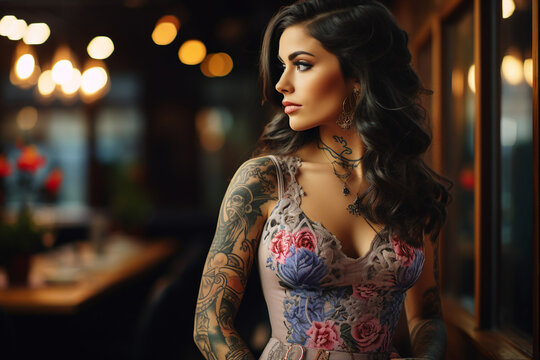 Beautiful sexy woman with a tattooed body made with generative AI