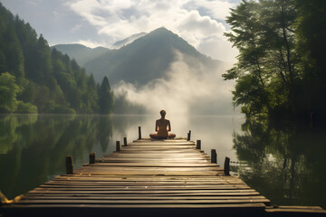 Frau sitzt im Lotussitz auf einem Holzsteg am See, Meditation, Yoga, erstellt mit generativer KI - obrazy, fototapety, plakaty