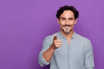 a man giving a thumbs-up sign against a purple background, product promotion man