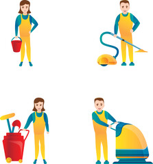 Professional cleaning icons set cartoon vector. Housekeeping staff. Cleaning service