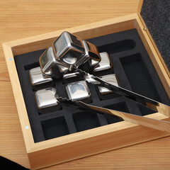 Stainless Steel Whiskey Stone Set in Bamboo Box, Whiskey Stone Set, Gift for Whiskey Lover, concept shot, top view, whiskey stones
