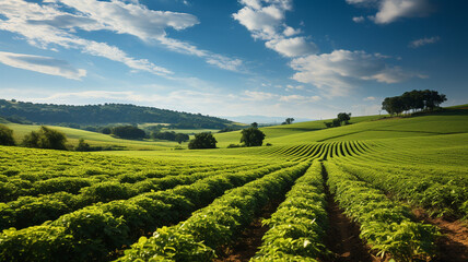 Fototapeta na wymiar View of a vast soybean farm agricultural field with a blue sky background.