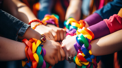 Close-up of people's hands in a group showing LGBTQ rainbow signs. - obrazy, fototapety, plakaty