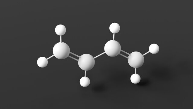 butadiene molecular structure, 1.3-butadiene, ball and stick 3d model, structural chemical formula with colored atoms