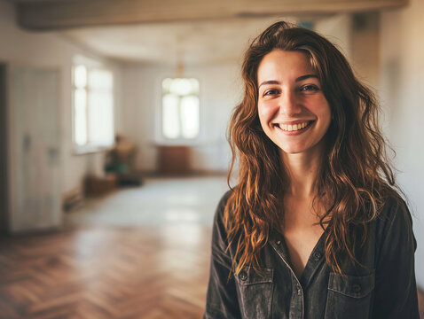 Mulher feliz com a compra do seu apartamento novo.
