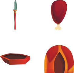 Stone age icons set cartoon vector. Primitive tool and weapon. Prehistoric period