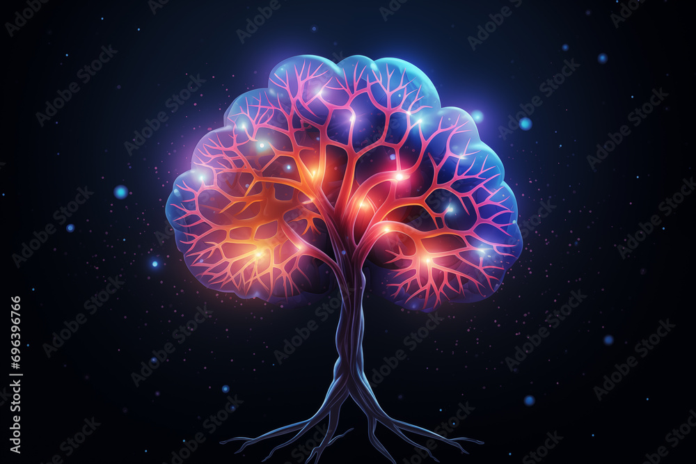 Fototapete A stylized brain with pathways illuminated by serotonin, representing the importance of this neurotransmitter in maintaining mental balance.