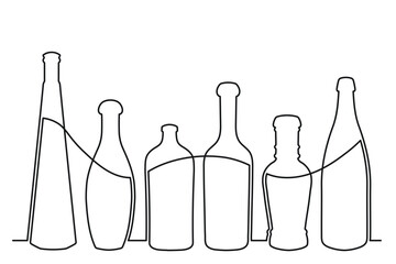 Sketch drawing of a bottle of different shapes in the style of one solid continuous line. Collection of alcoholic drinks