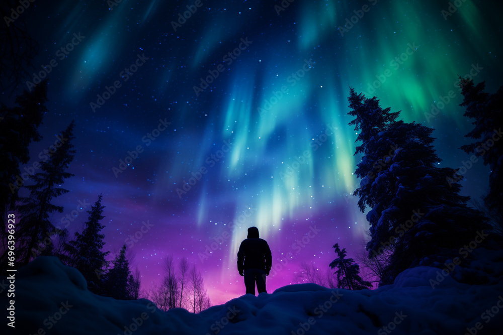Aufkleber an intimate shot of a person gazing up in awe at the aurora, their silhouette outlined against the c