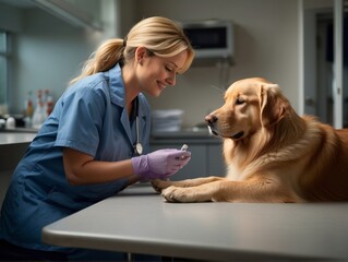 nurse doctor conducting medical tests on a cute and happy animal in a veterinary clinic