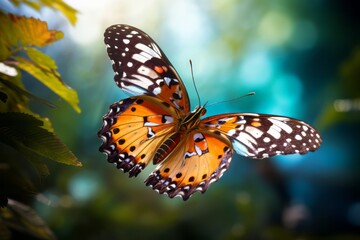 Beautiful butterfly in the nature on colorful background, macro photo with bokeh effect
