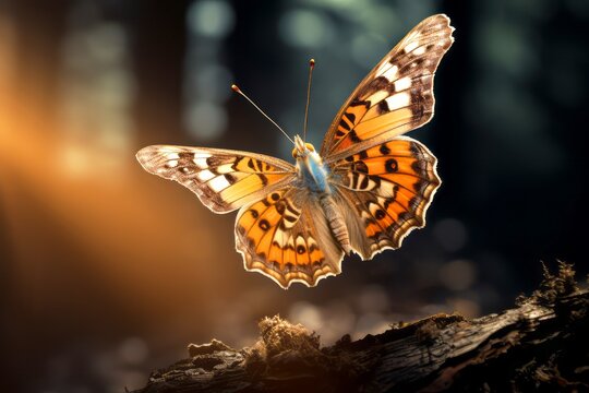 Beautiful butterfly in the nature on colorful background, macro photo with bokeh effect
