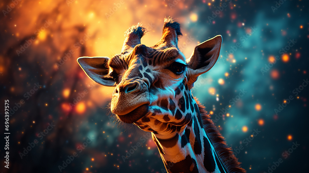 Poster a giraffe portrayed against a galactic horizon, blending abstract cosmic elements with the distincti